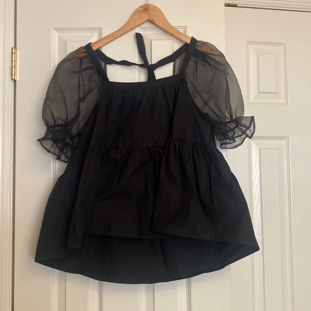 NWT Topshop Petite Black Empire Cut Top with See Through Sleeves
